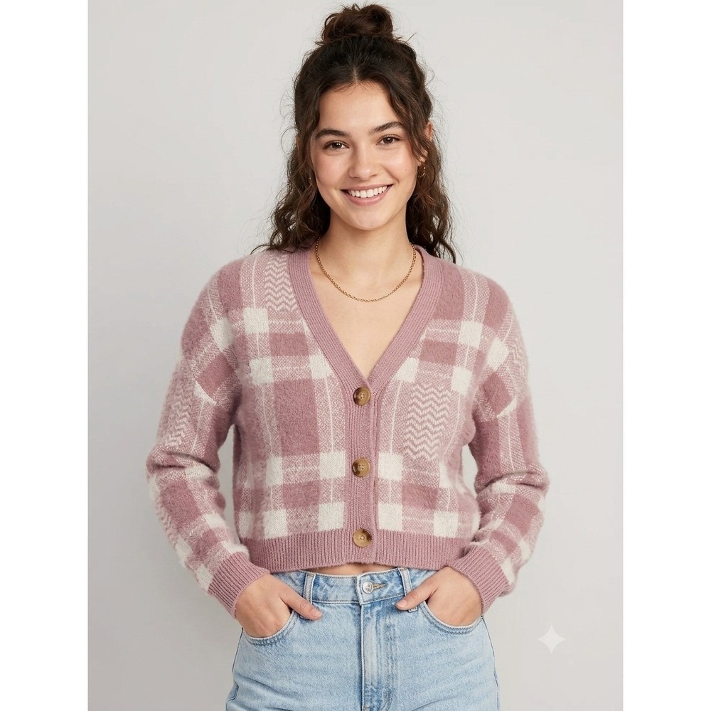 BP Nordstrom Mauve Pink Plaid Cropped Cardigan Sweater Fuzzy Knit Academia Small